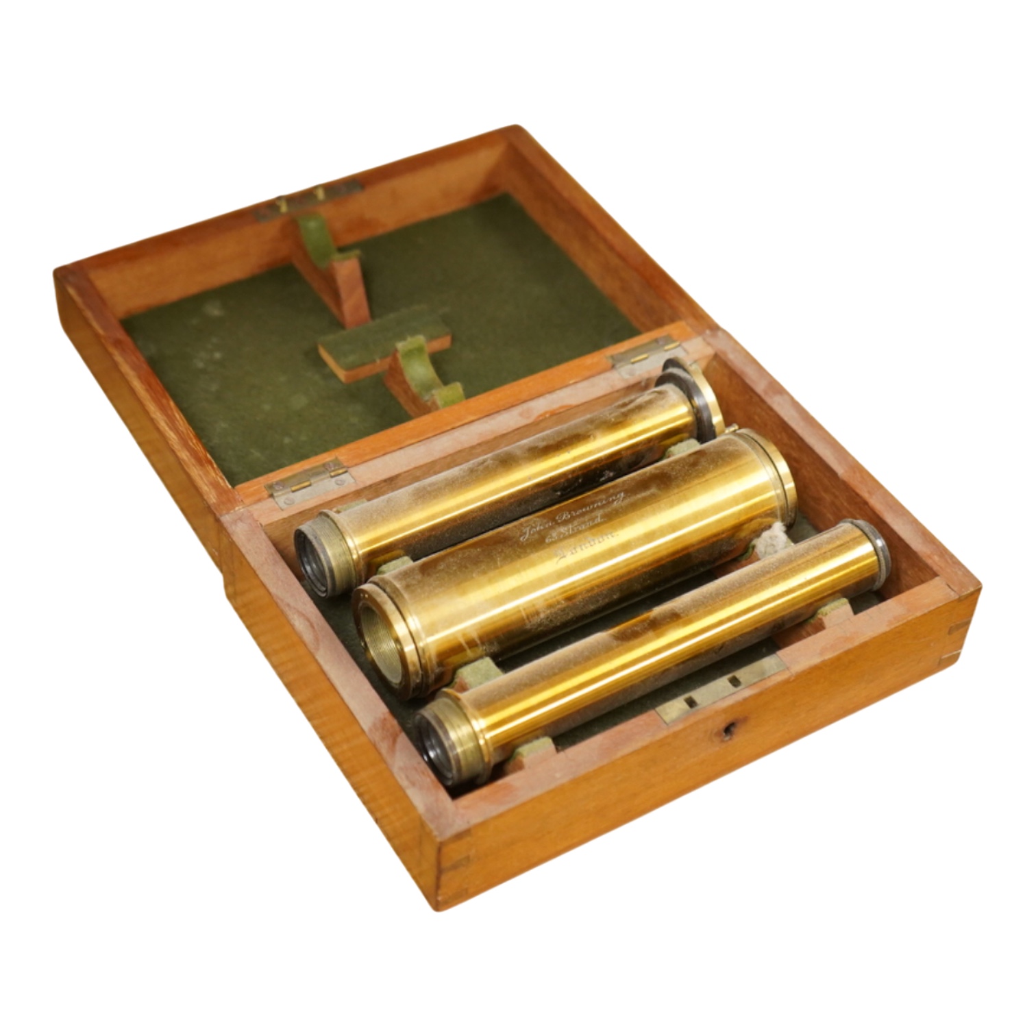 A late 19th century lacquered brass spectroscope, in three sections , by John Brown, 63, Strand, London, mahogany cased; 19 x 13.5 x 7cm